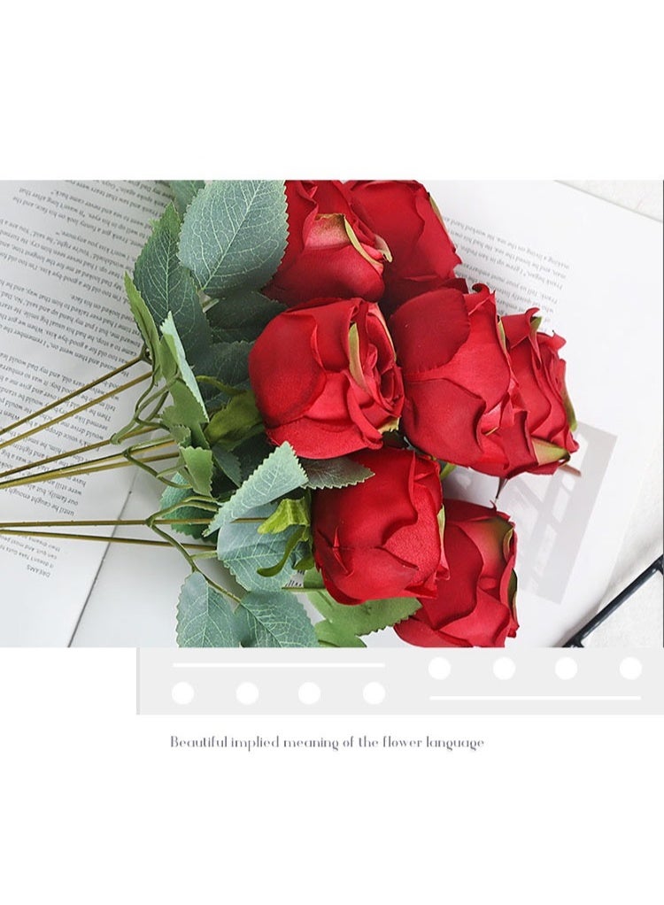 JAYATO Artificial Silk Rose Flower Arrangement – 1 Red Rose with 7 Fake Roses, Decorative Floral Bouquet for Home, Office, Wedding, Party & Dining Table Centerpiece (No Vase) - Image 2